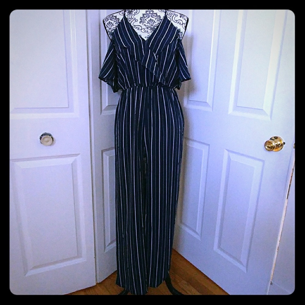M Navy Blue White Stripe Cold Shoulder Jumpsuit